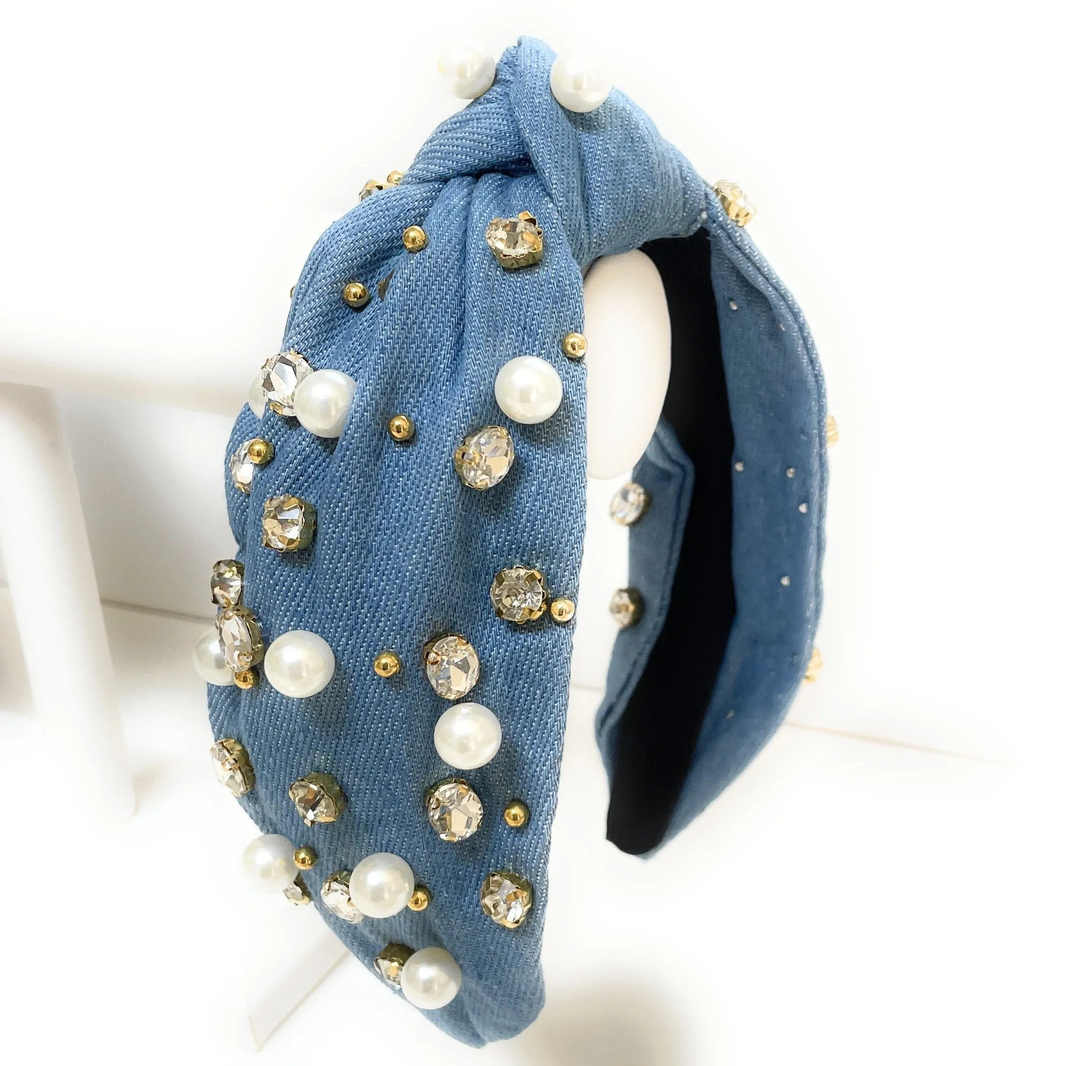Pearly Denim Knot Jeweled Headband