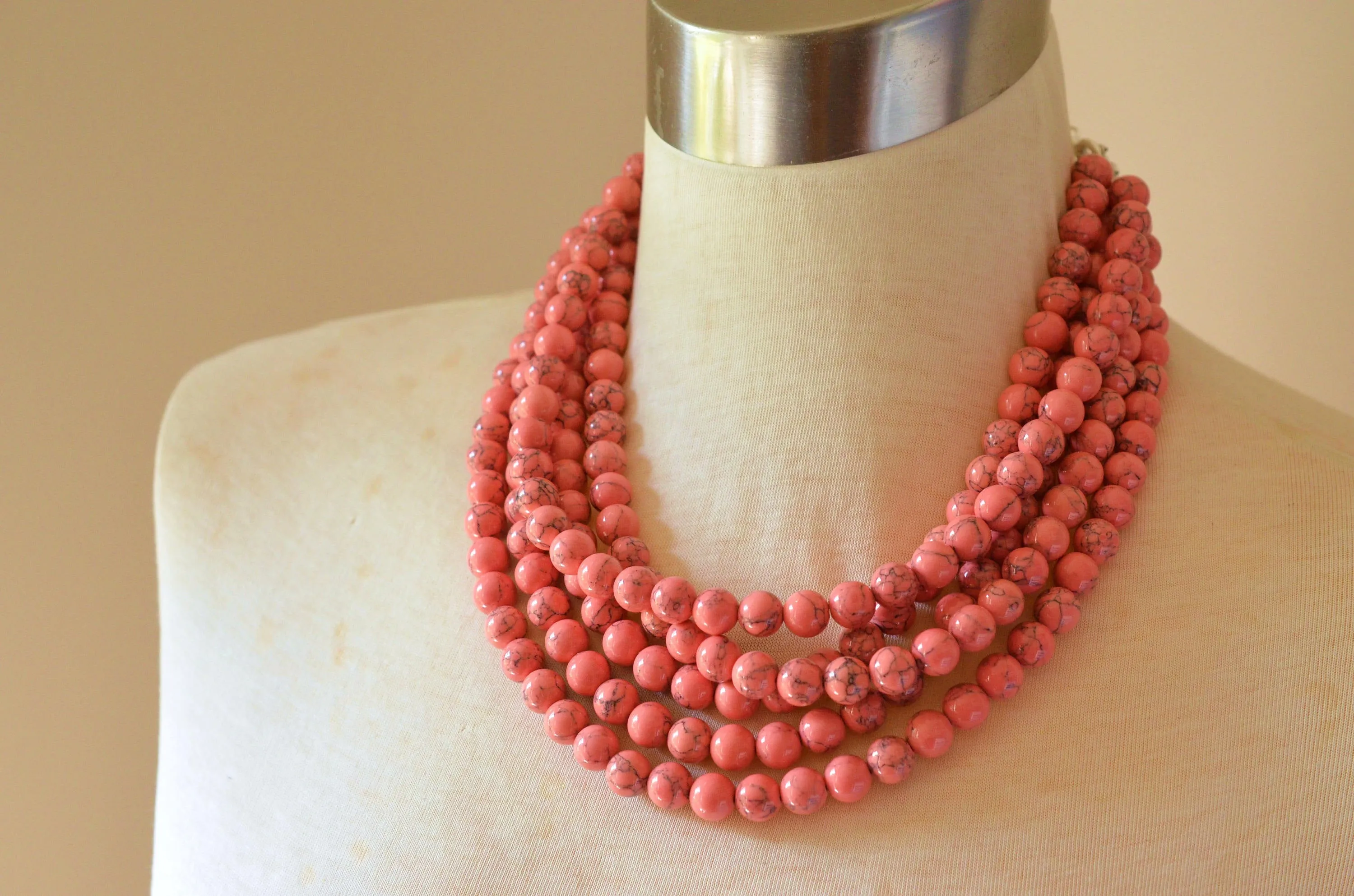 Pink Howlite Stone Multi Strand Chunky Beaded Statement Necklace - Alana