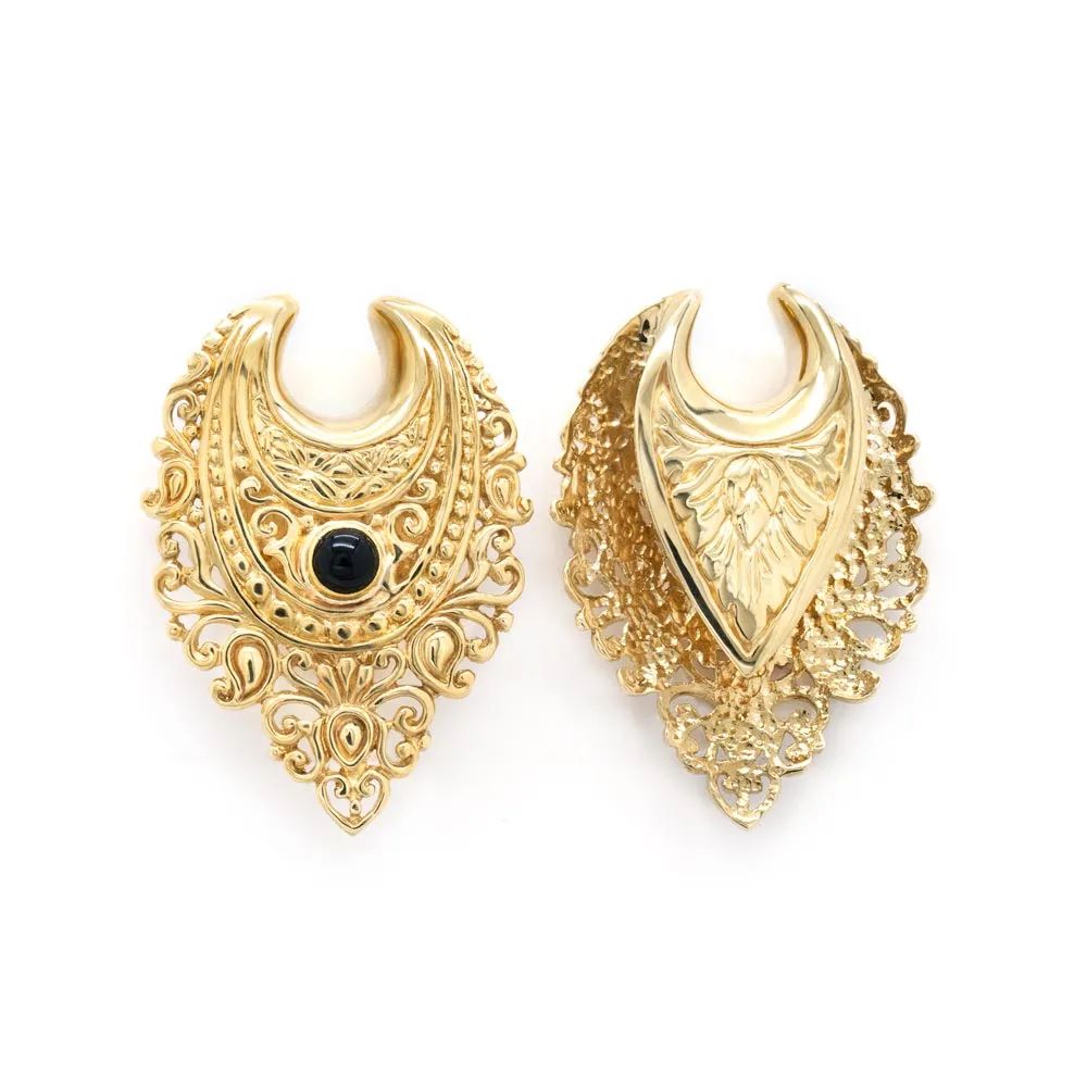 Polished Brass Filigree Black Onyx Saddle Plugs — Price Per 2