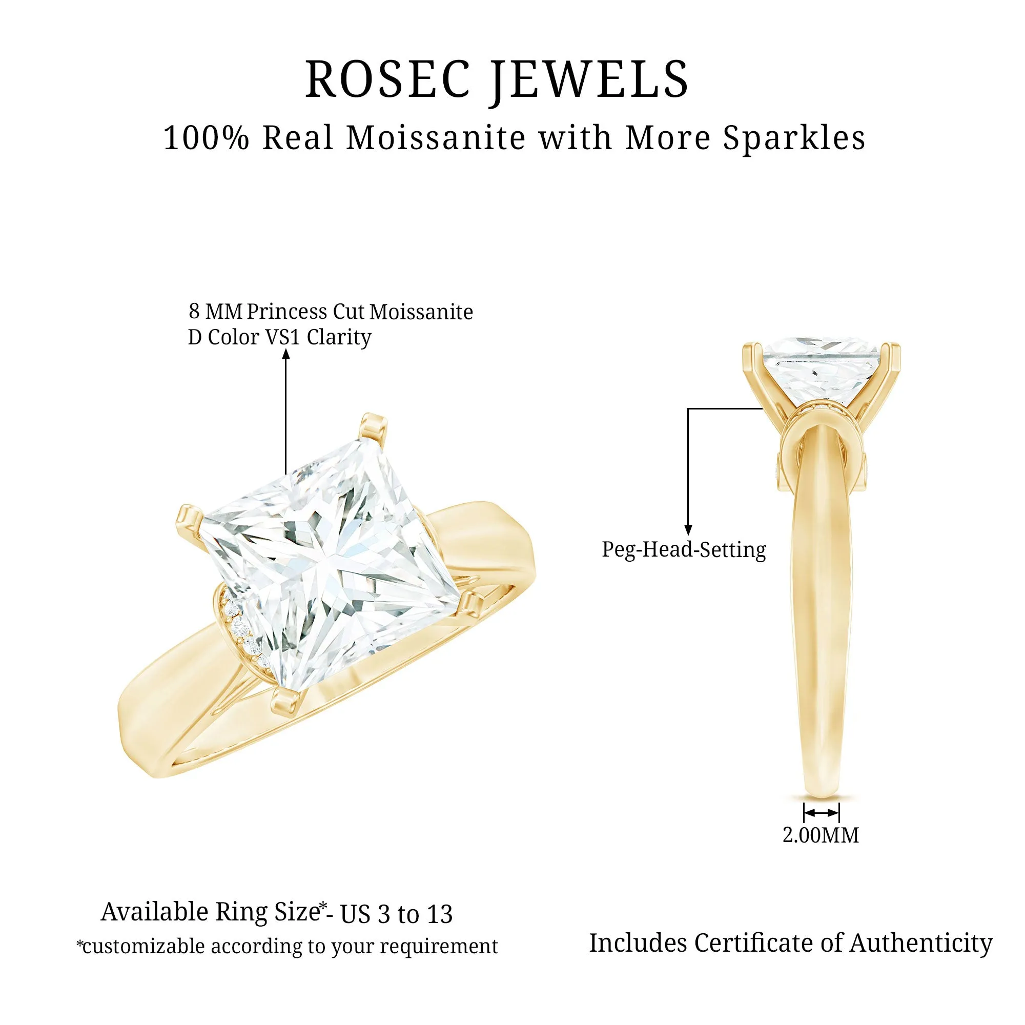 Princess Cut Certified Moissanite Solitaire Engagement Ring