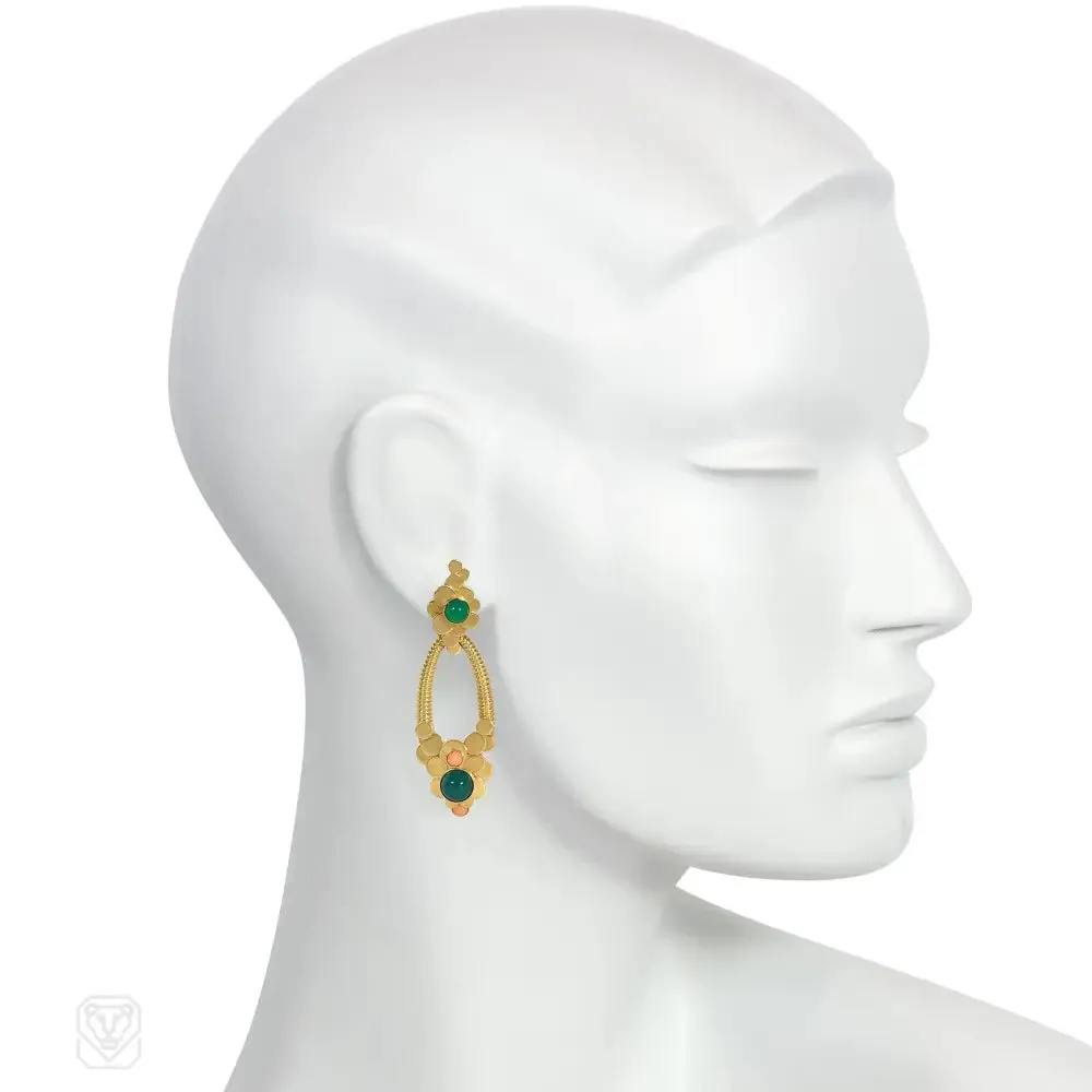 Péry & Fils day-to-night doorknocker earrings with chrysoprase and coral