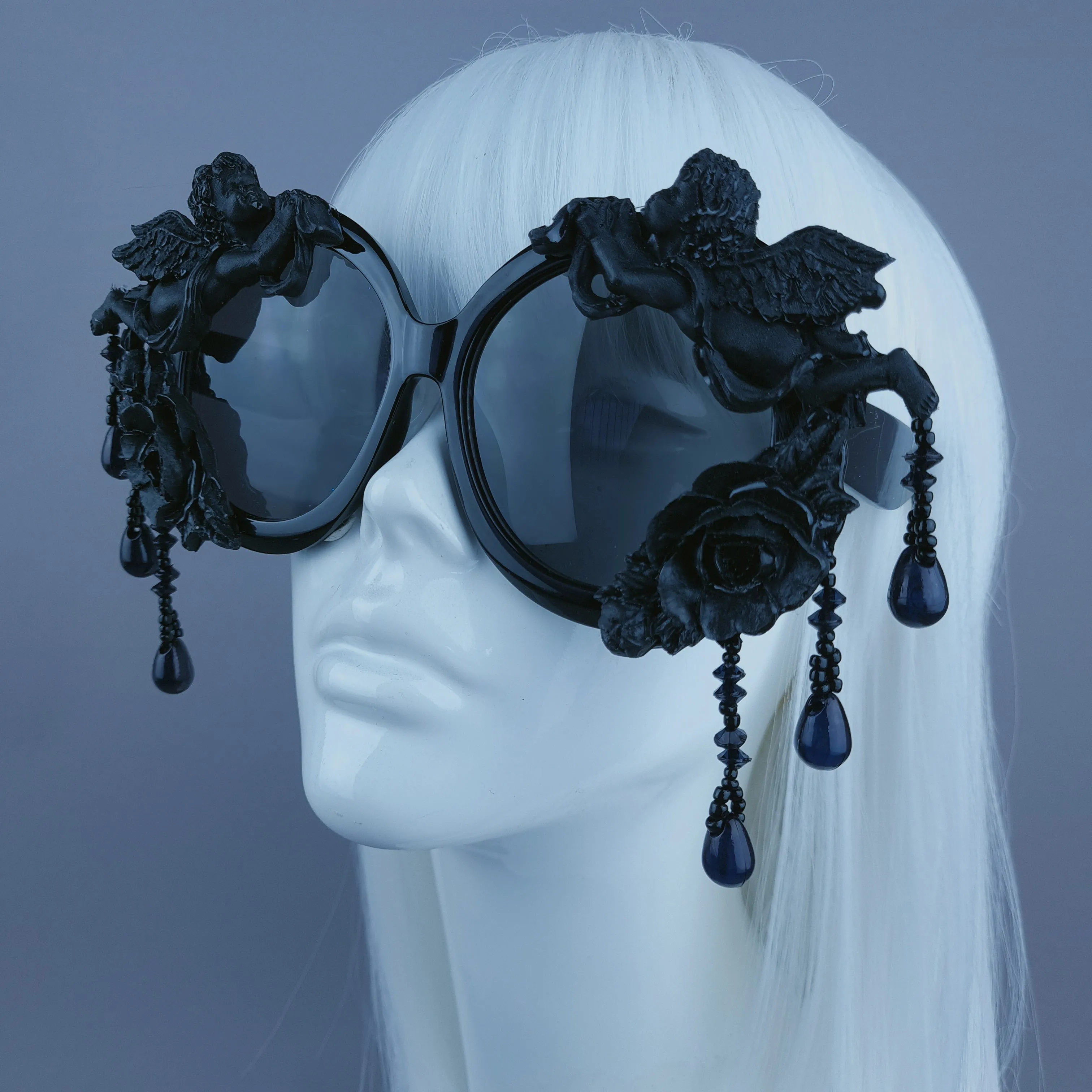 "Perseus" Black Cherub & Beading Oversized Round Sunglasses