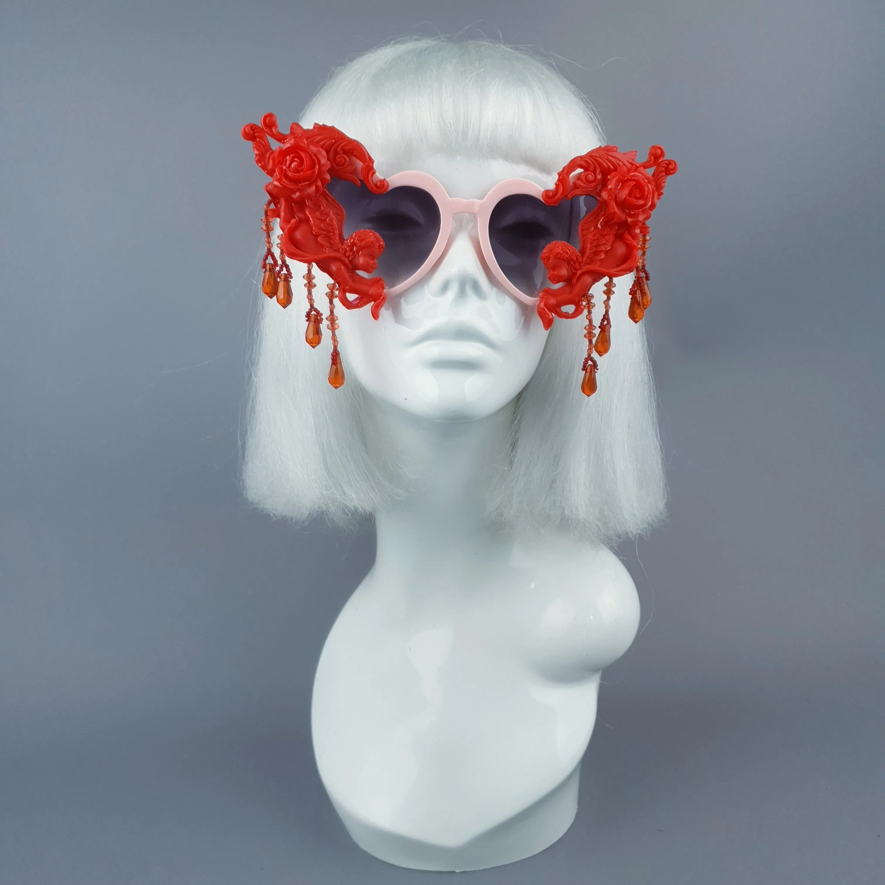 "Seraphina" Pink & Red Cherub, Filigree & Beading Heart Shaped Sunglasses