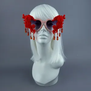 "Seraphina" Pink & Red Cherub, Filigree & Beading Heart Shaped Sunglasses