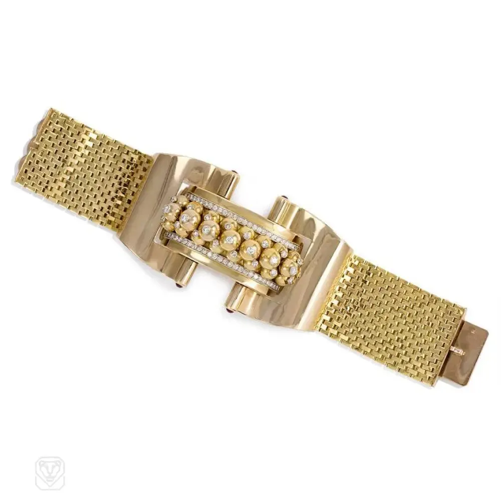 Retro gold and diamond beaded panel bracelet