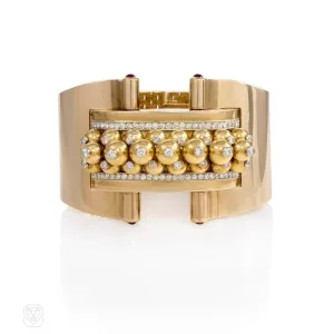 Retro gold and diamond beaded panel bracelet