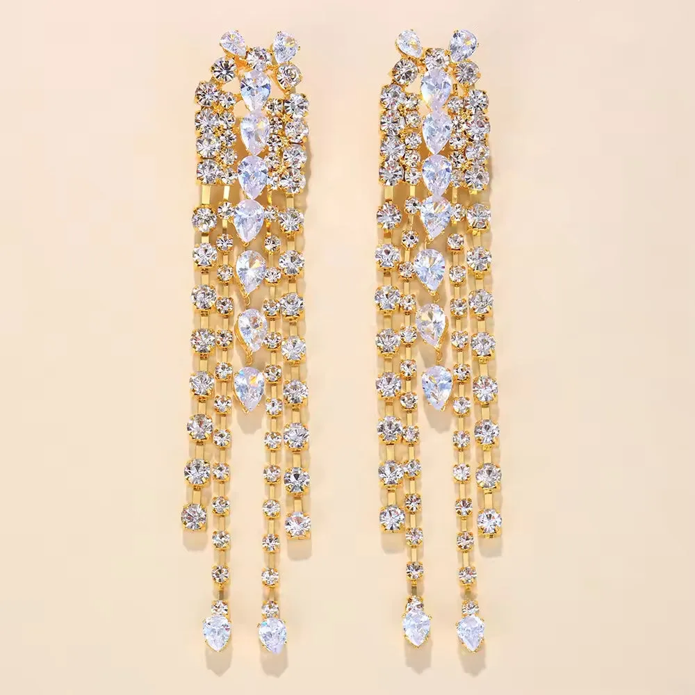Rhinestone Earrings Long Tassel Drop Earrings For Women Big Hanging Dangle Earrings Bridal Wedding Jewelry
