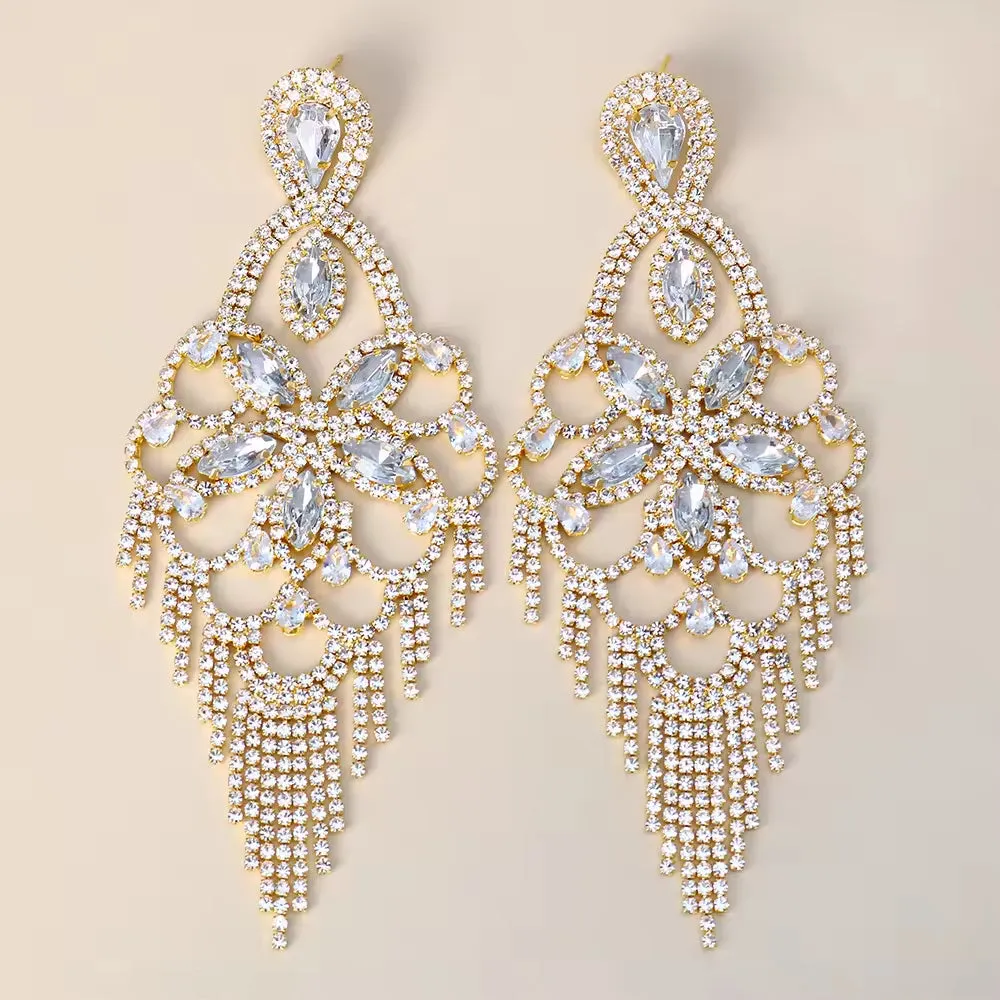 Rhinestone Earrings Long Tassel Drop Earrings For Women Big Hanging Dangle Earrings Bridal Wedding Jewelry