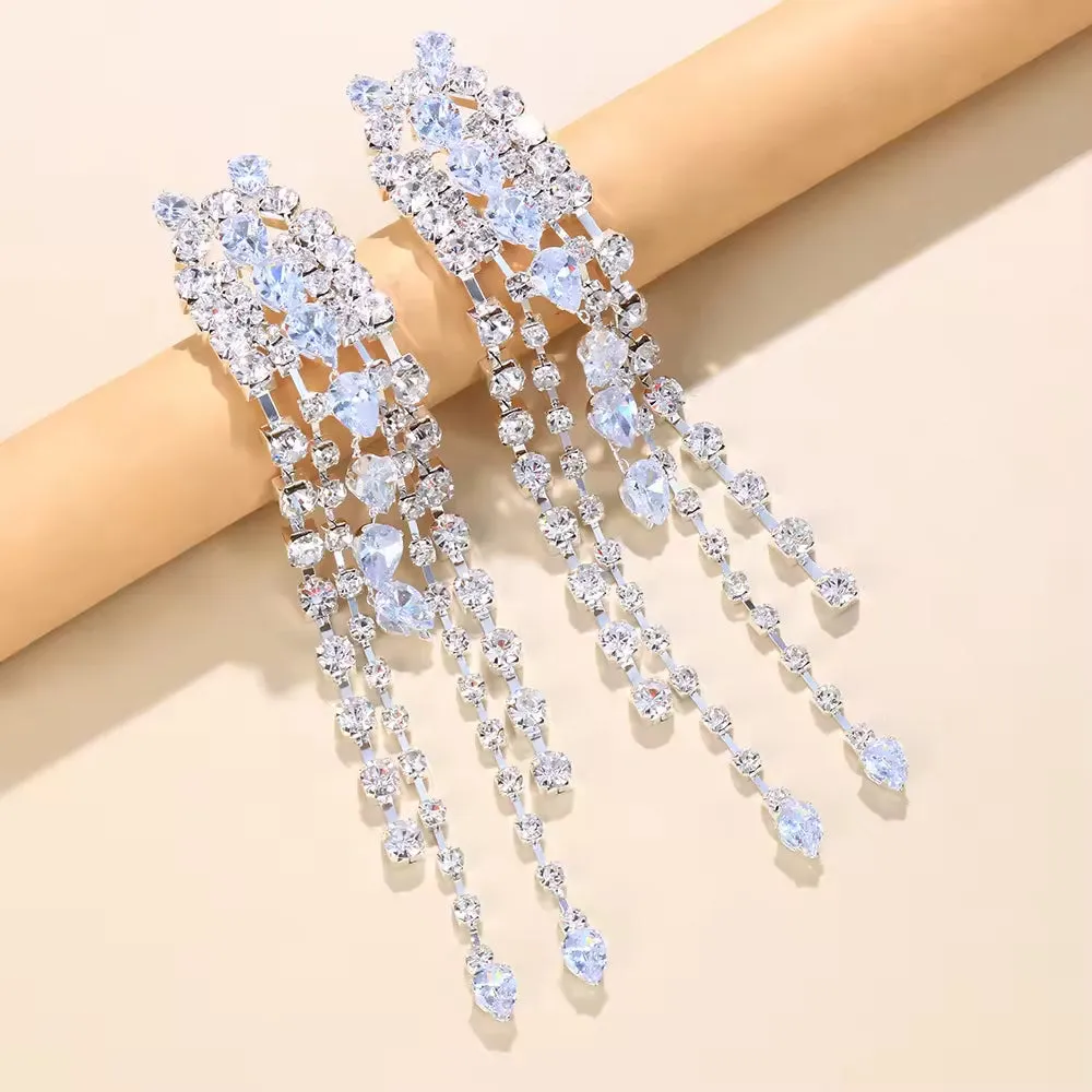 Rhinestone Earrings Long Tassel Drop Earrings For Women Big Hanging Dangle Earrings Bridal Wedding Jewelry
