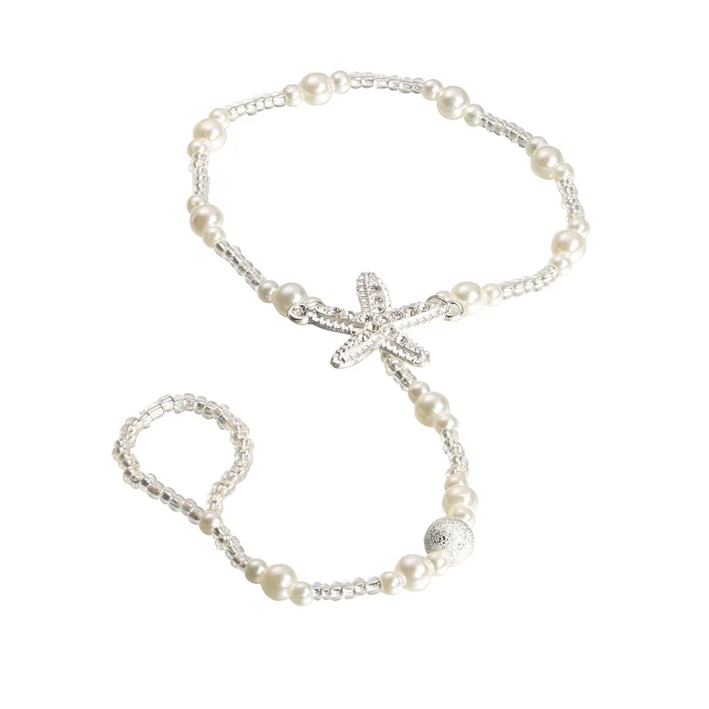 Rhinestone Starfish Pearl Finger Elastic Anklet
