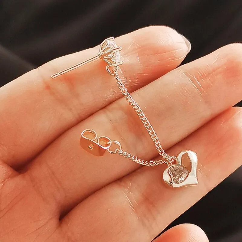 Romantic Zircon Adorned Long Tassel Heart Charm Earrings