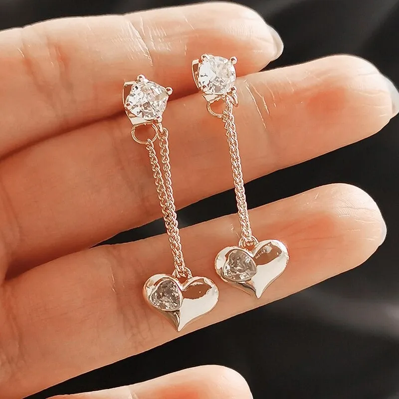 Romantic Zircon Adorned Long Tassel Heart Charm Earrings