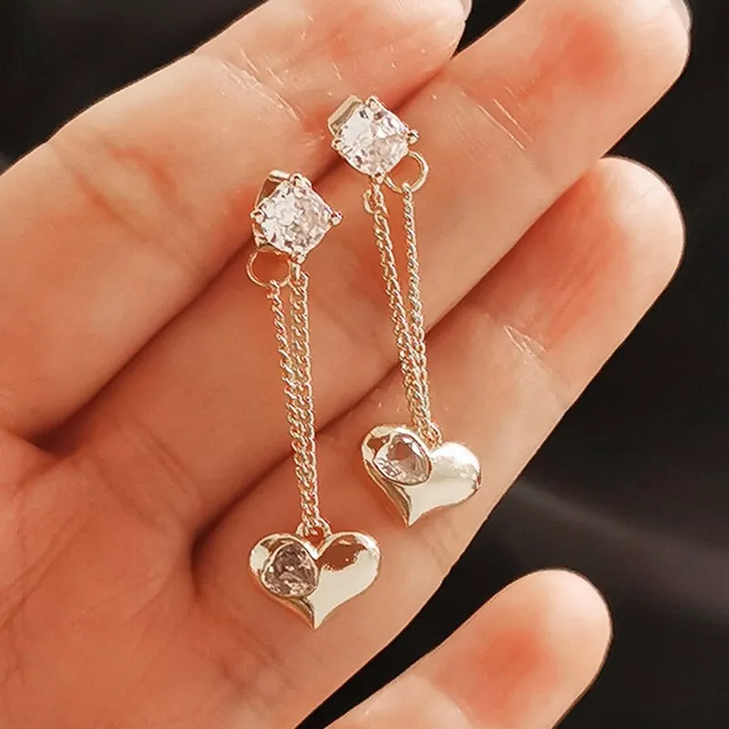 Romantic Zircon Adorned Long Tassel Heart Charm Earrings