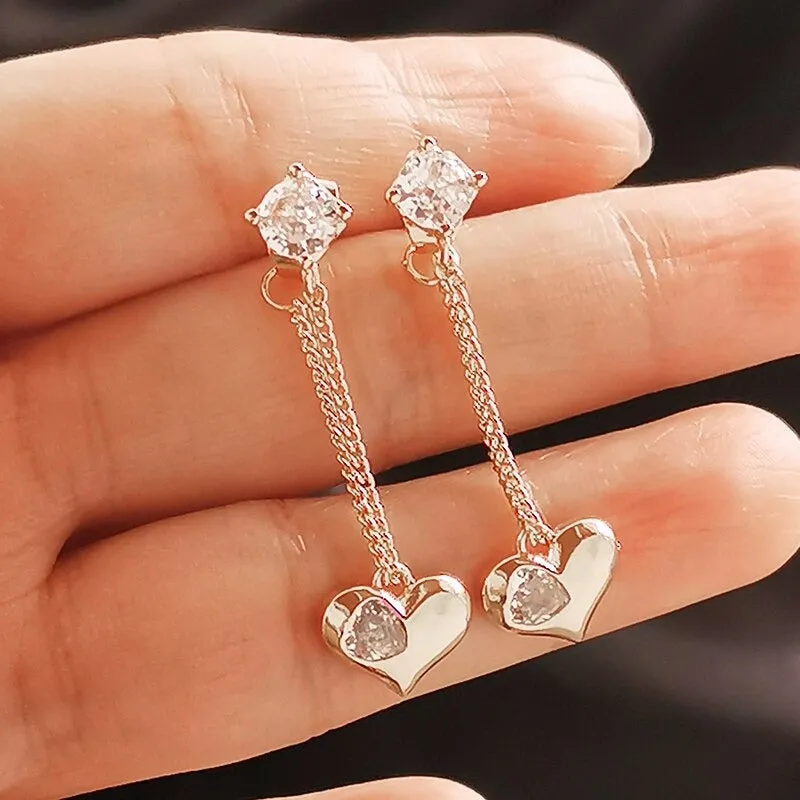 Romantic Zircon Adorned Long Tassel Heart Charm Earrings