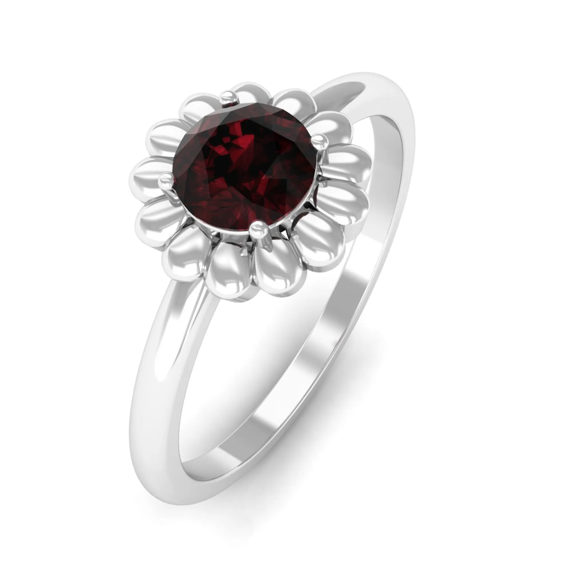 Round Cut Solitaire Garnet Flower Ring