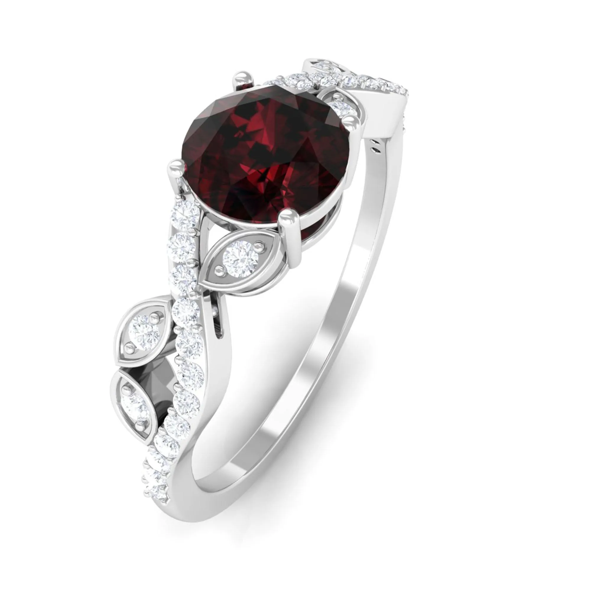 Round Garnet Designer Engagement Ring with Diamond