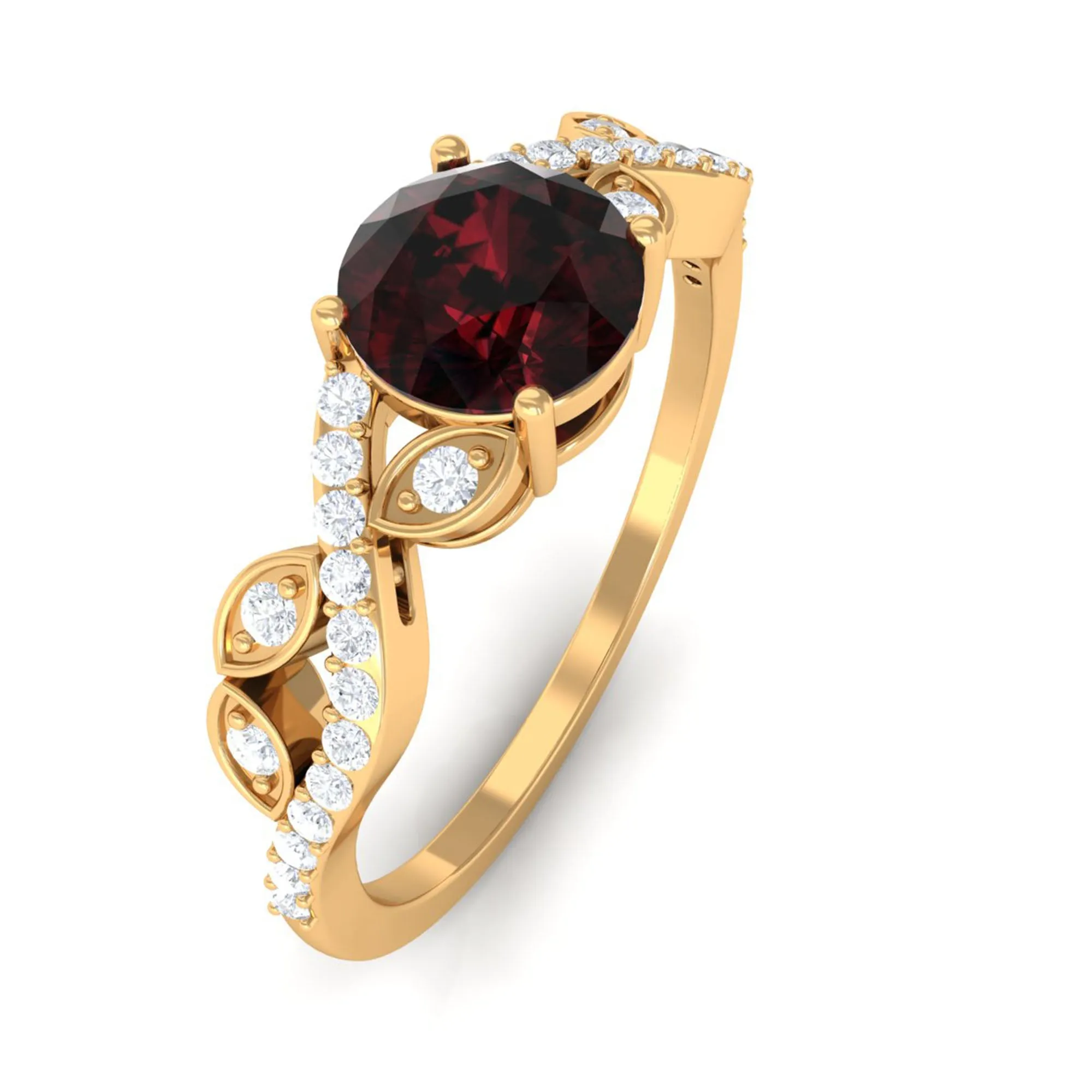 Round Garnet Designer Engagement Ring with Diamond
