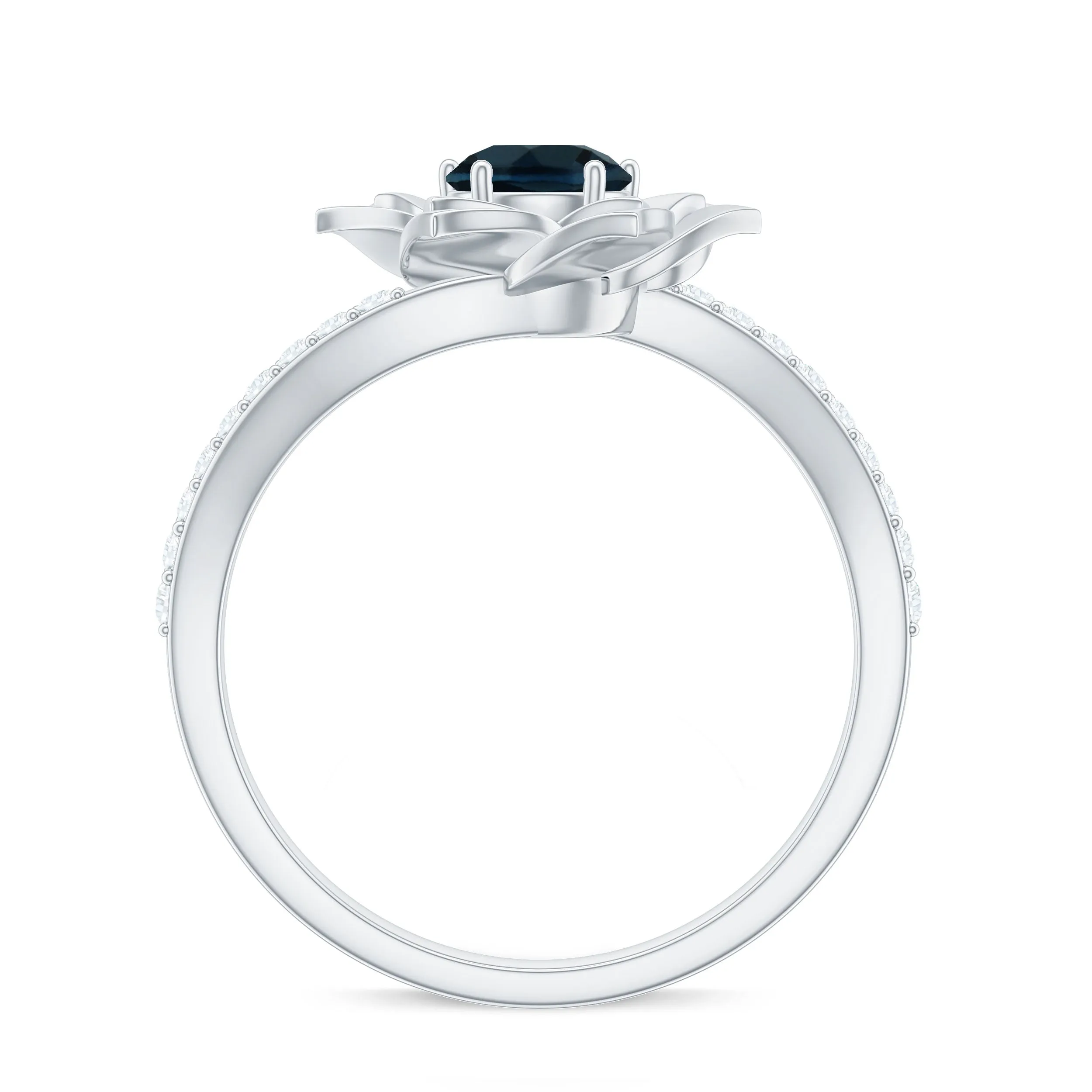 Round London Blue Topaz Bypass Flower Ring with Diamond