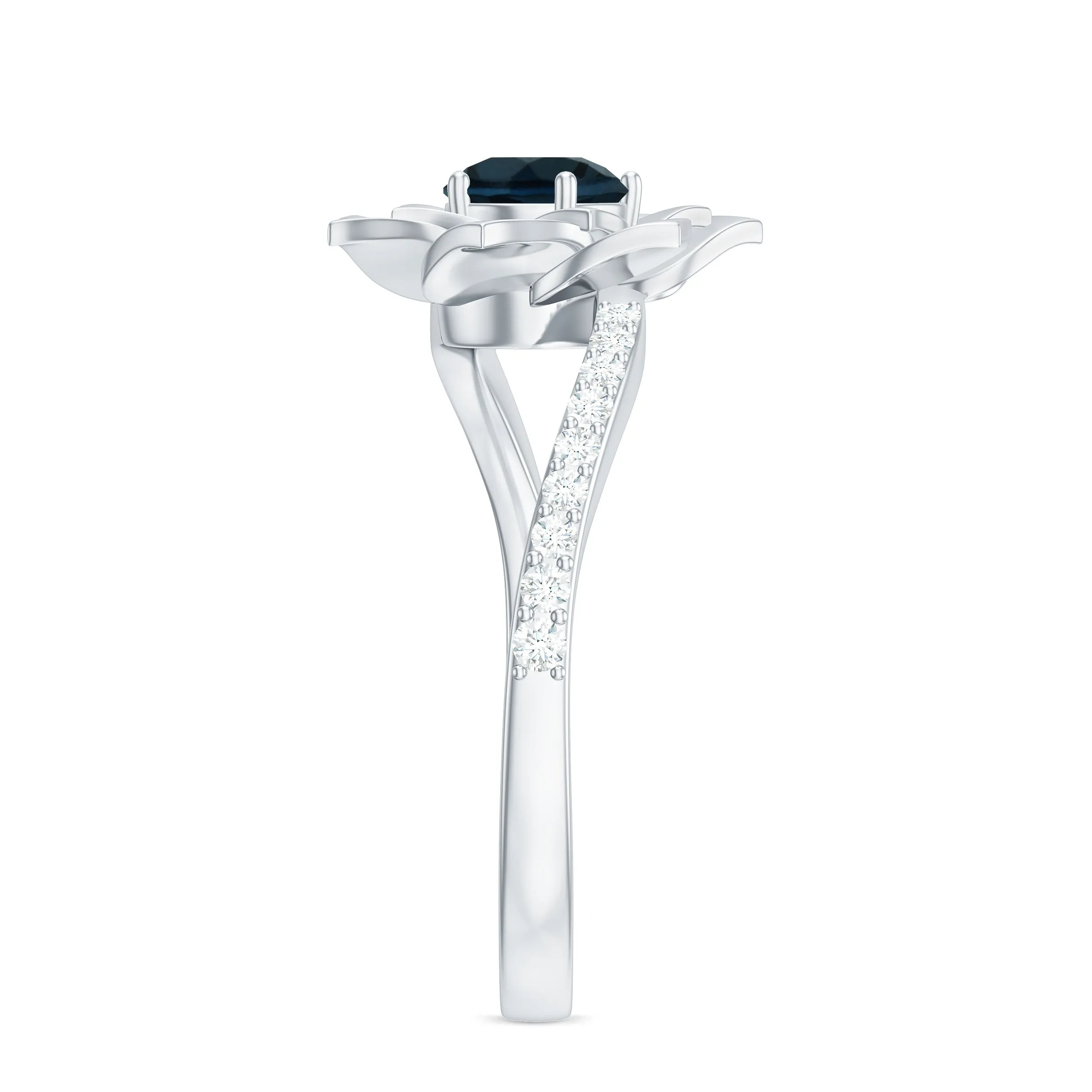 Round London Blue Topaz Bypass Flower Ring with Diamond