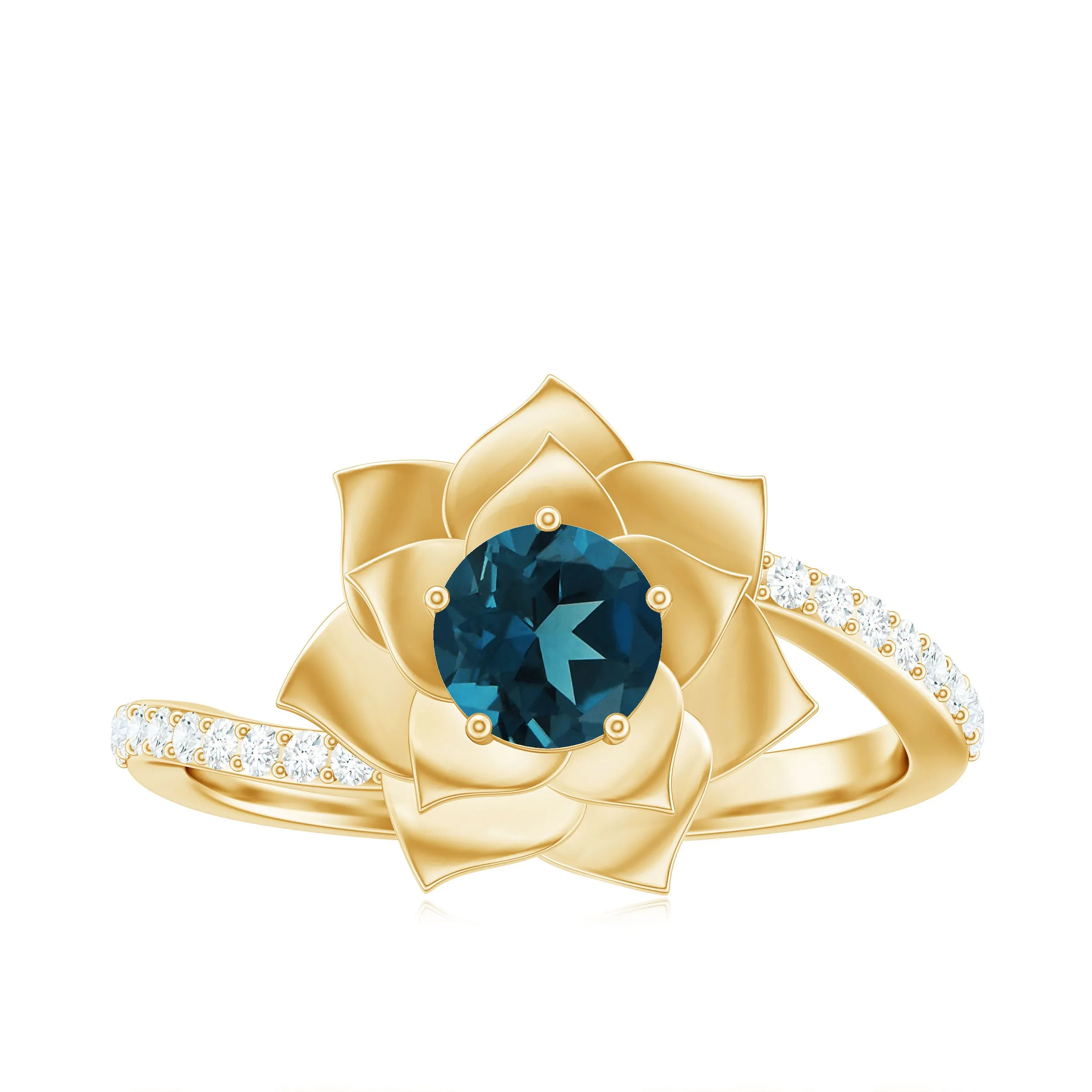 Round London Blue Topaz Bypass Flower Ring with Diamond