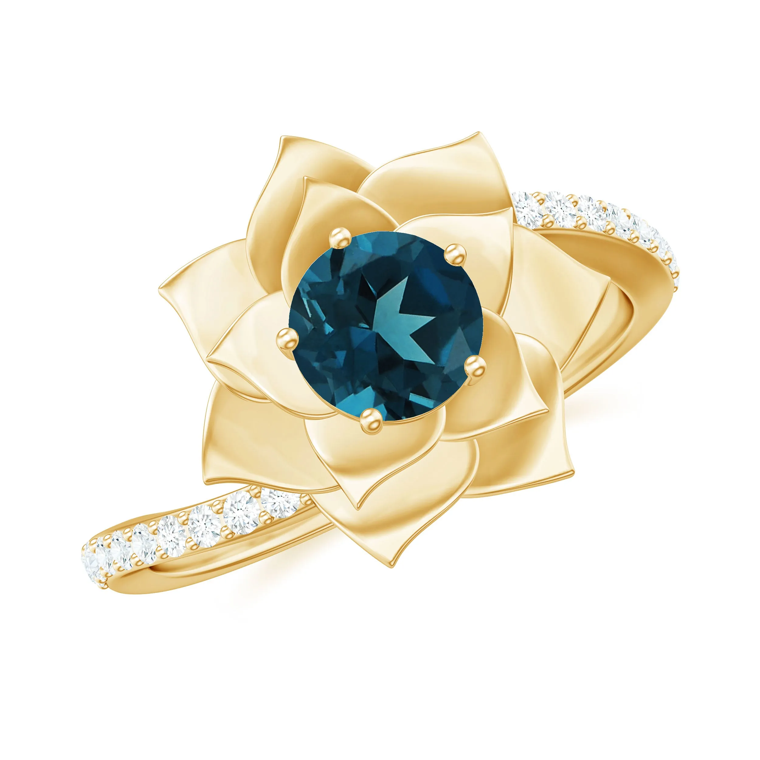 Round London Blue Topaz Bypass Flower Ring with Diamond
