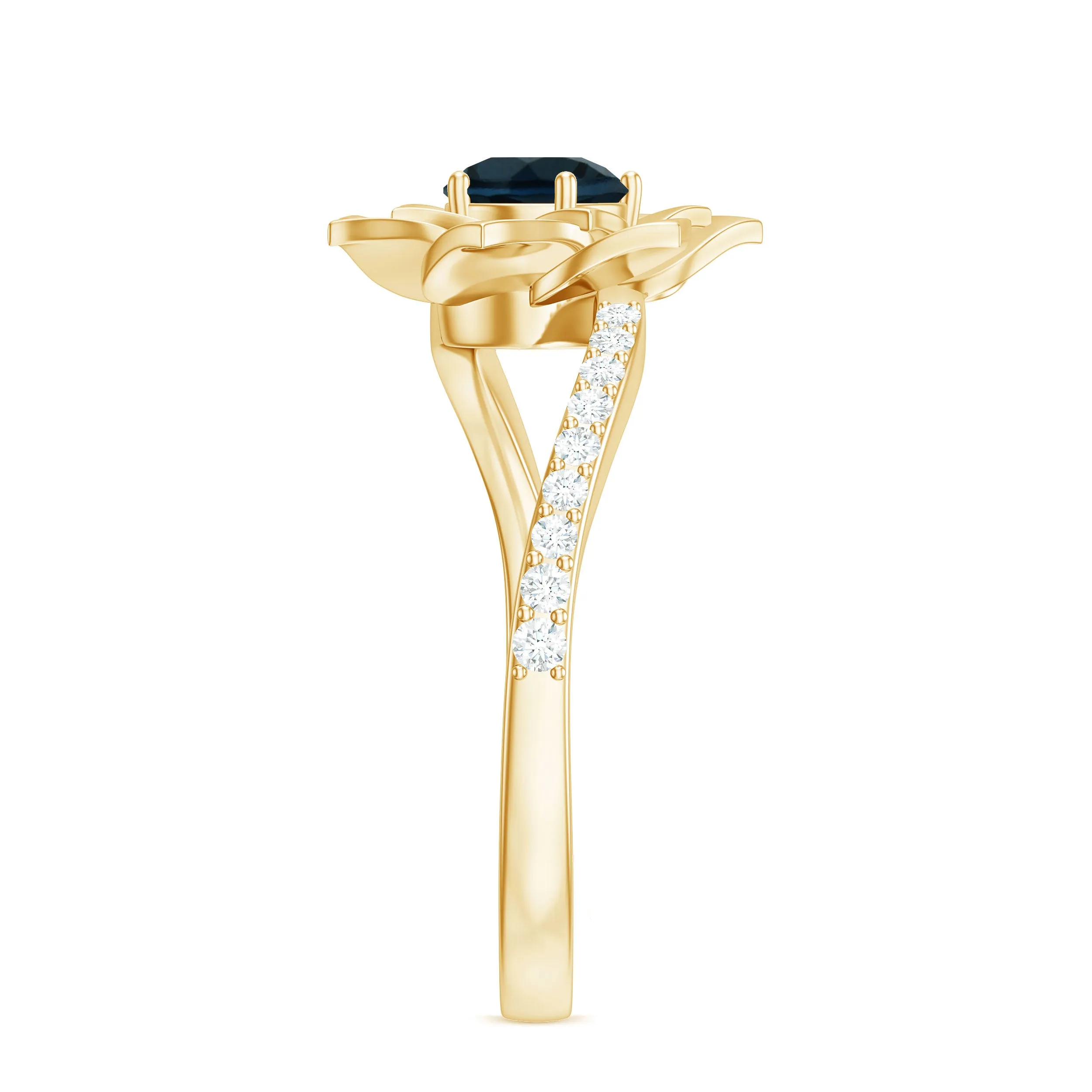Round London Blue Topaz Bypass Flower Ring with Diamond