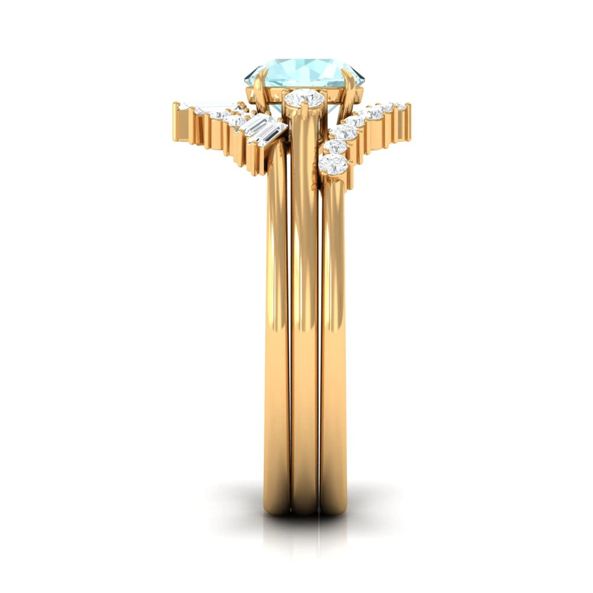 Round Sky Blue Topaz Designer Trio Wedding Ring Set with Diamond