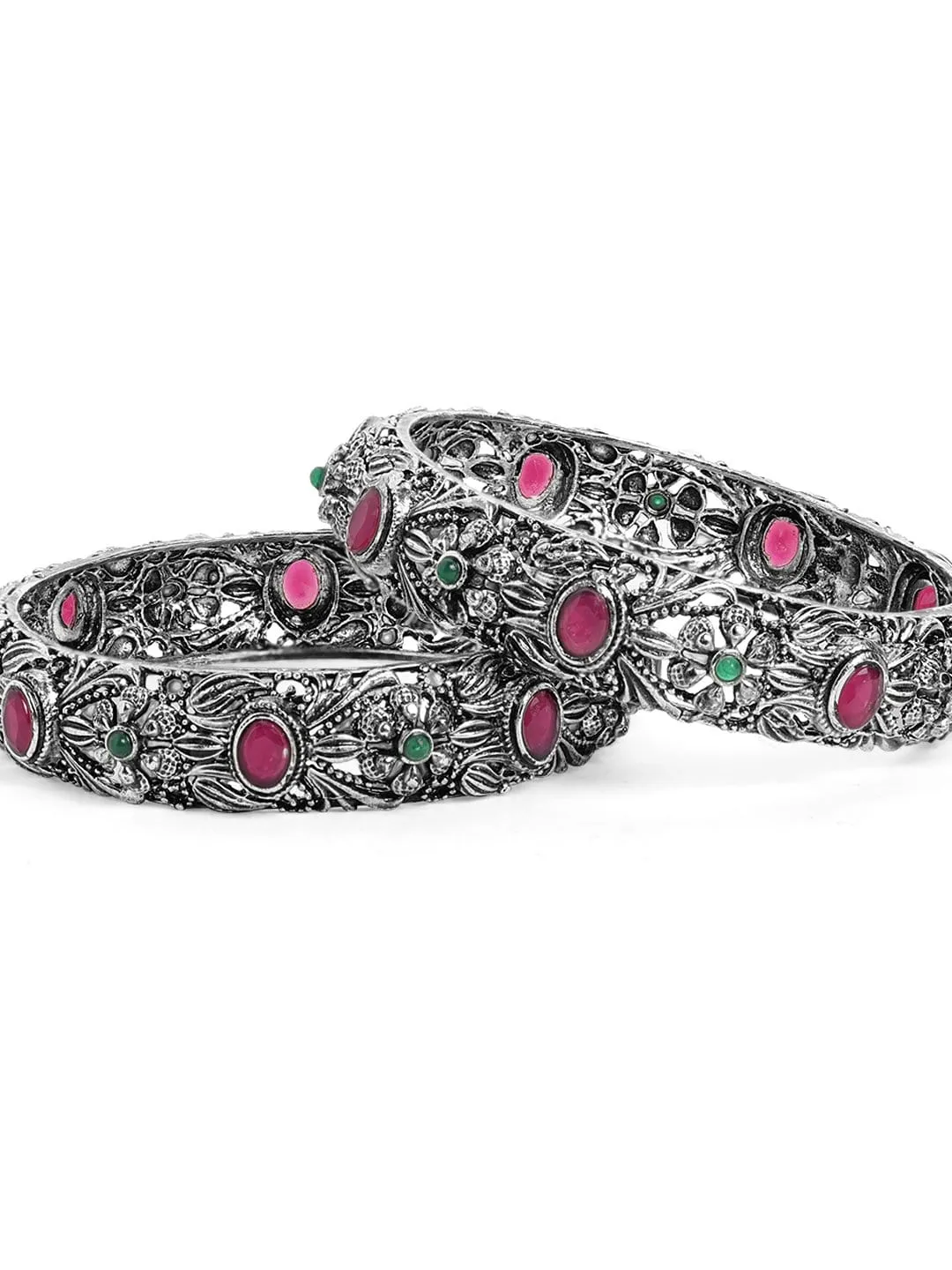 Rubans Set Of 2 Oxidised Silver-Toned  Pink Ruby-Studded Traditional Bangles