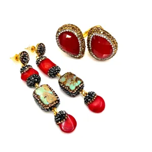 Ruby & Coral Gold Drop Earring Set