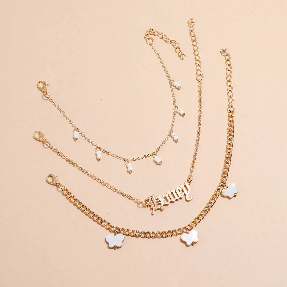 Set of 3 Anklets - White Buttery Name Anklet - Initial Anklet - Custom Anklet - Personalized Anklet - Custom Name - Girfriend Wife Gift