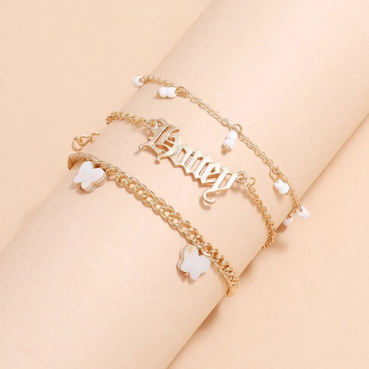 Set of 3 Anklets - White Buttery Name Anklet - Initial Anklet - Custom Anklet - Personalized Anklet - Custom Name - Girfriend Wife Gift