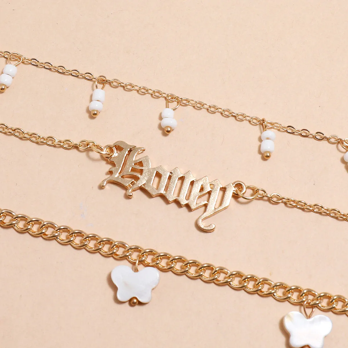 Set of 3 Anklets - White Buttery Name Anklet - Initial Anklet - Custom Anklet - Personalized Anklet - Custom Name - Girfriend Wife Gift