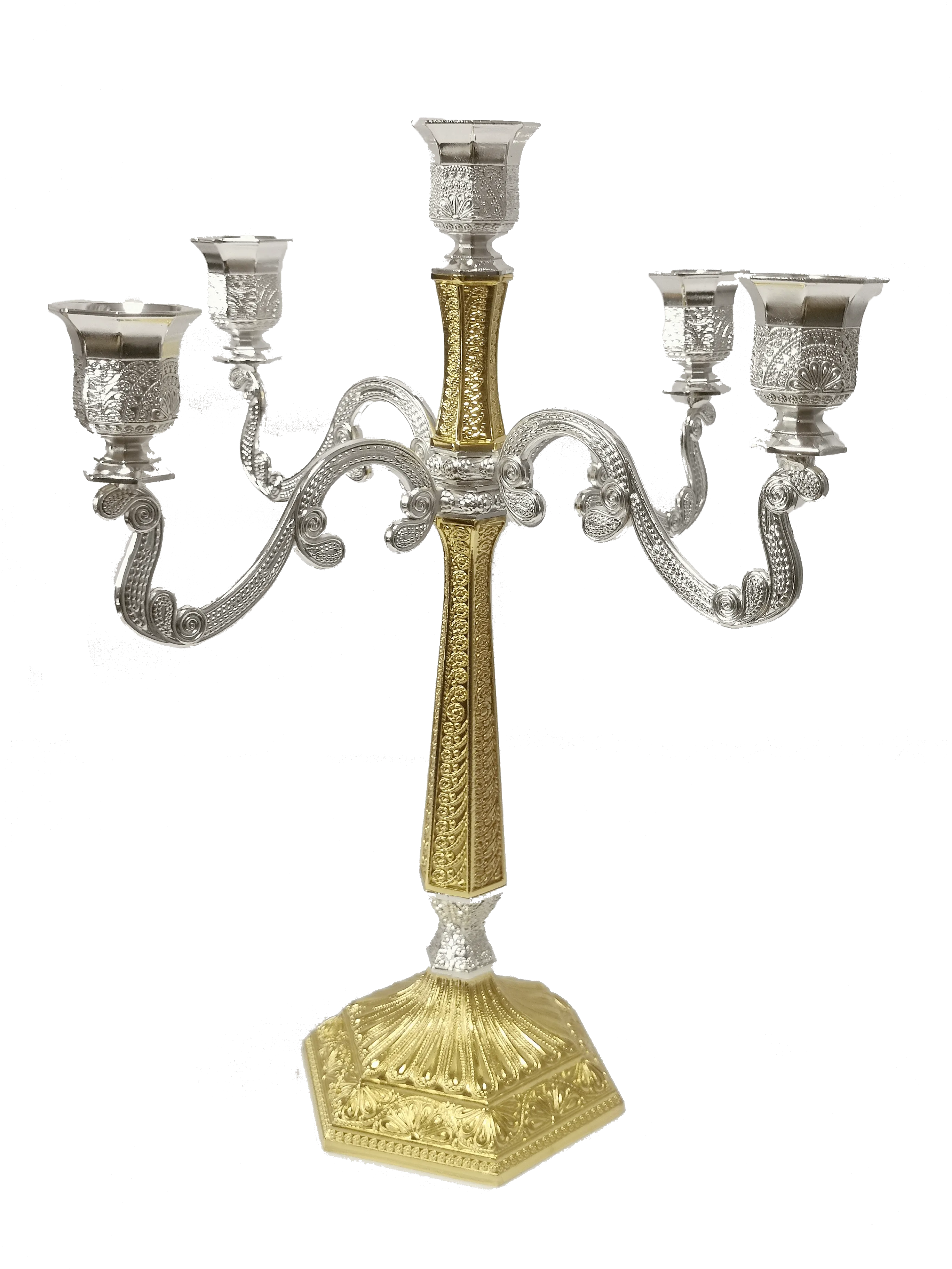 Silver & Gold Filigree Candelabra 5 Light 16"
