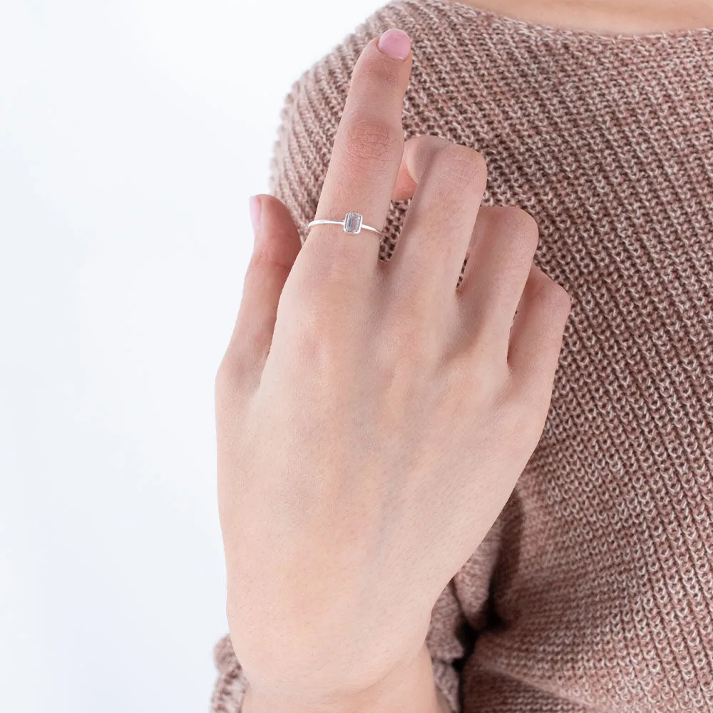 Silver Emerald Cut White Topaz Ring
