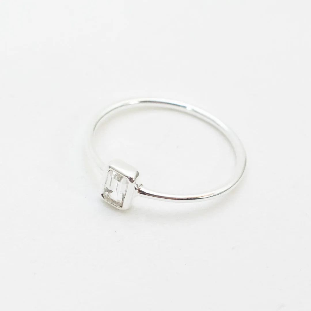 Silver Emerald Cut White Topaz Ring