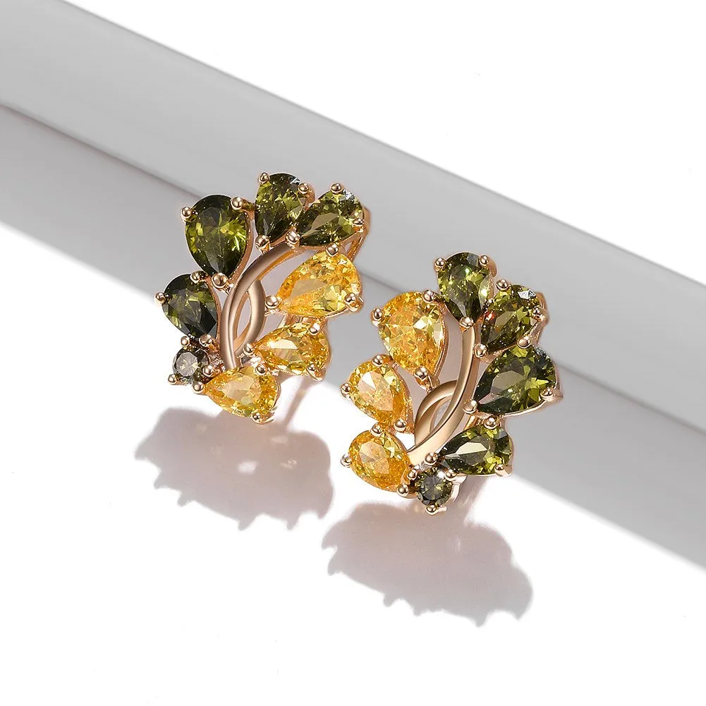 SKMEI KZCE285 Flower Earrings Studs Inlaid w/ Yellow & Green Zircon for Women