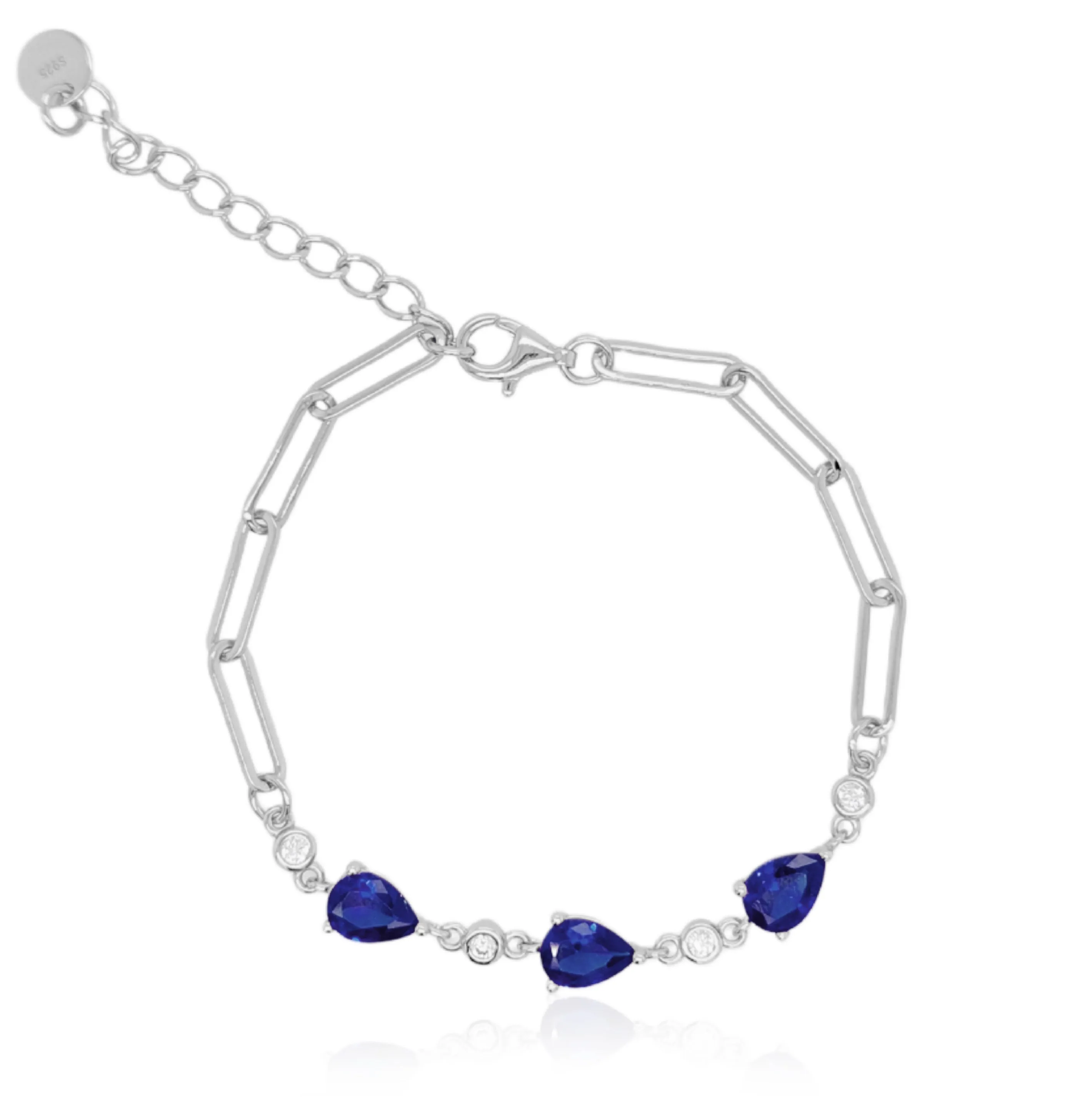 Sterling Silver Colored CZ Teardrop Stone Station Paperclip Bracelet
