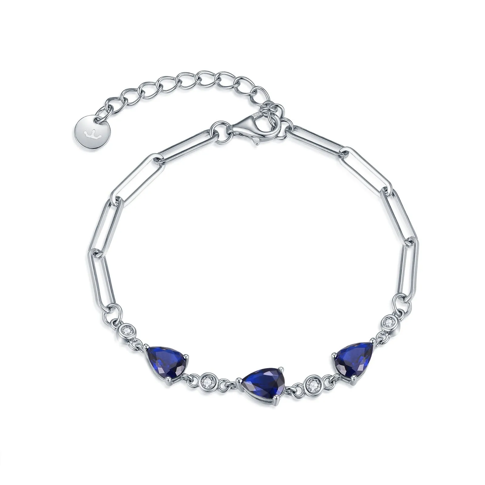 Sterling Silver Colored CZ Teardrop Stone Station Paperclip Bracelet