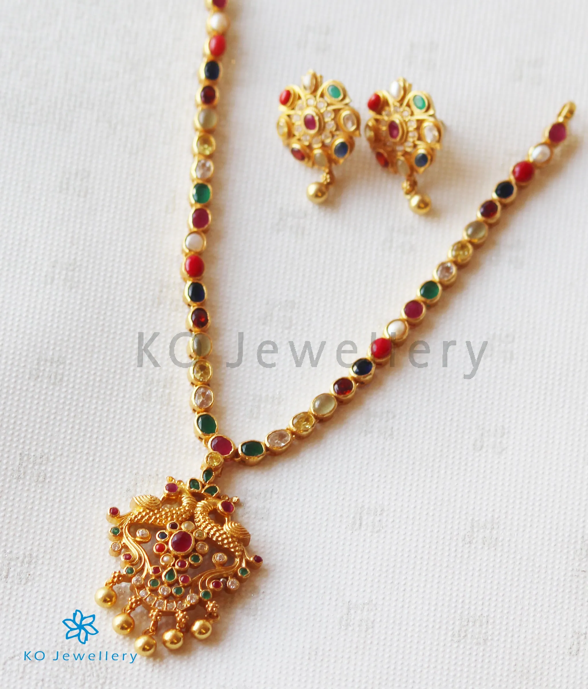 The Samarth Silver Navratna Peacock Necklace