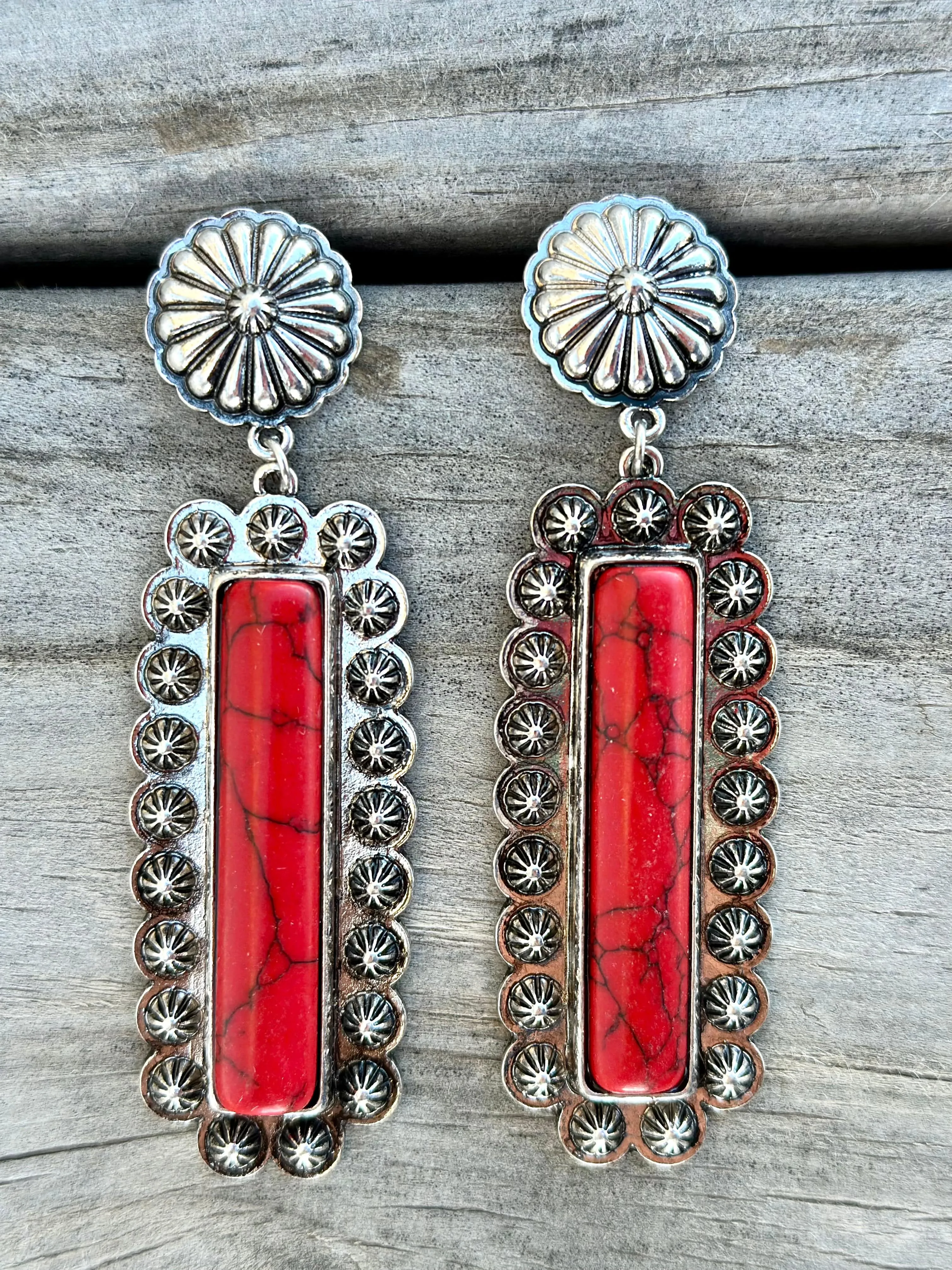 The Silver Concho Coral Bar Earrings