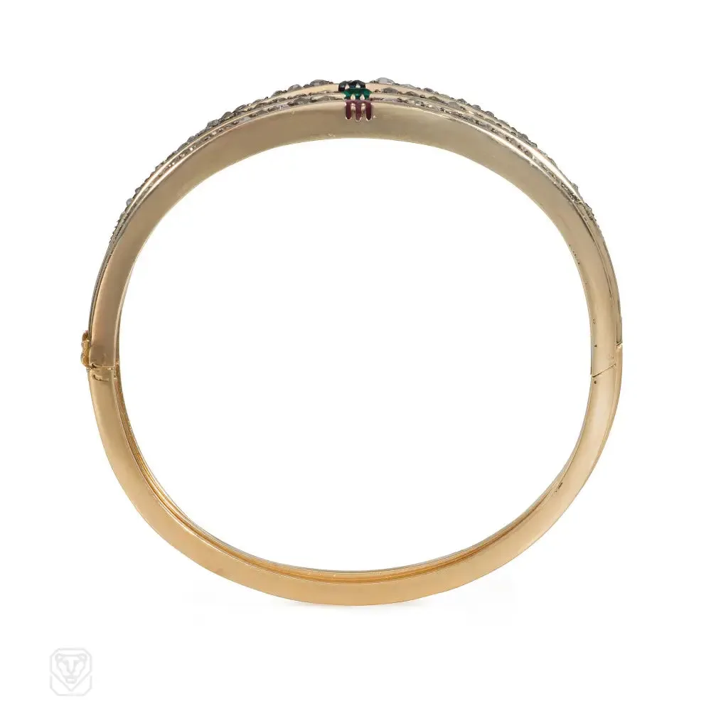 Three antique French diamond, gold, and gem-set bangles
