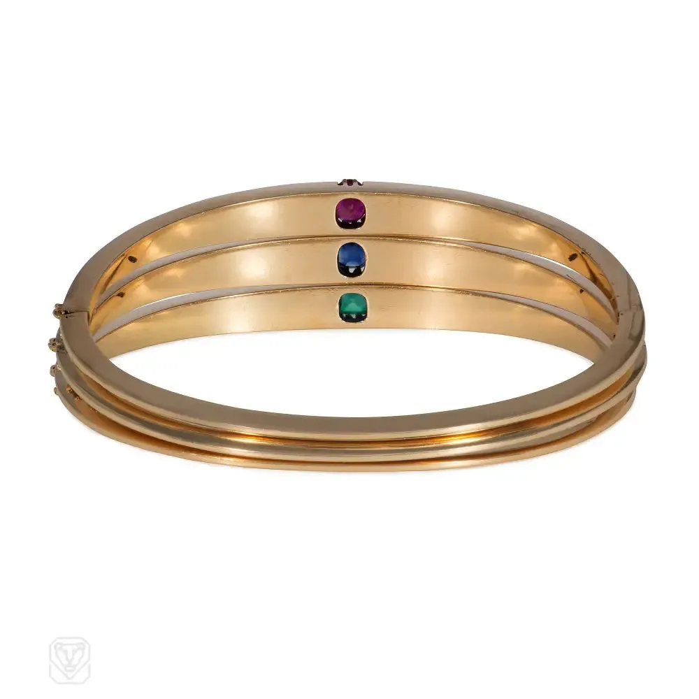 Three antique French diamond, gold, and gem-set bangles