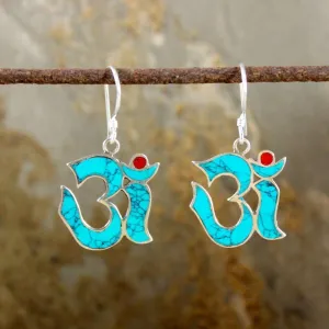 Tibetan Silver Turquoise Om Earrings
