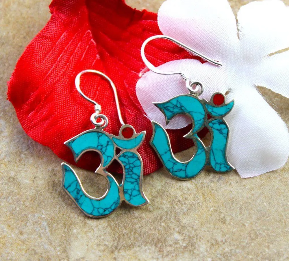 Tibetan Silver Turquoise Om Earrings