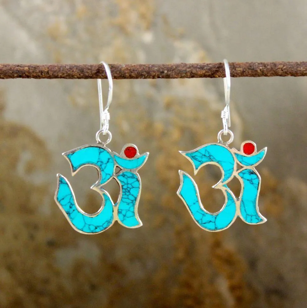 Tibetan Silver Turquoise Om Earrings