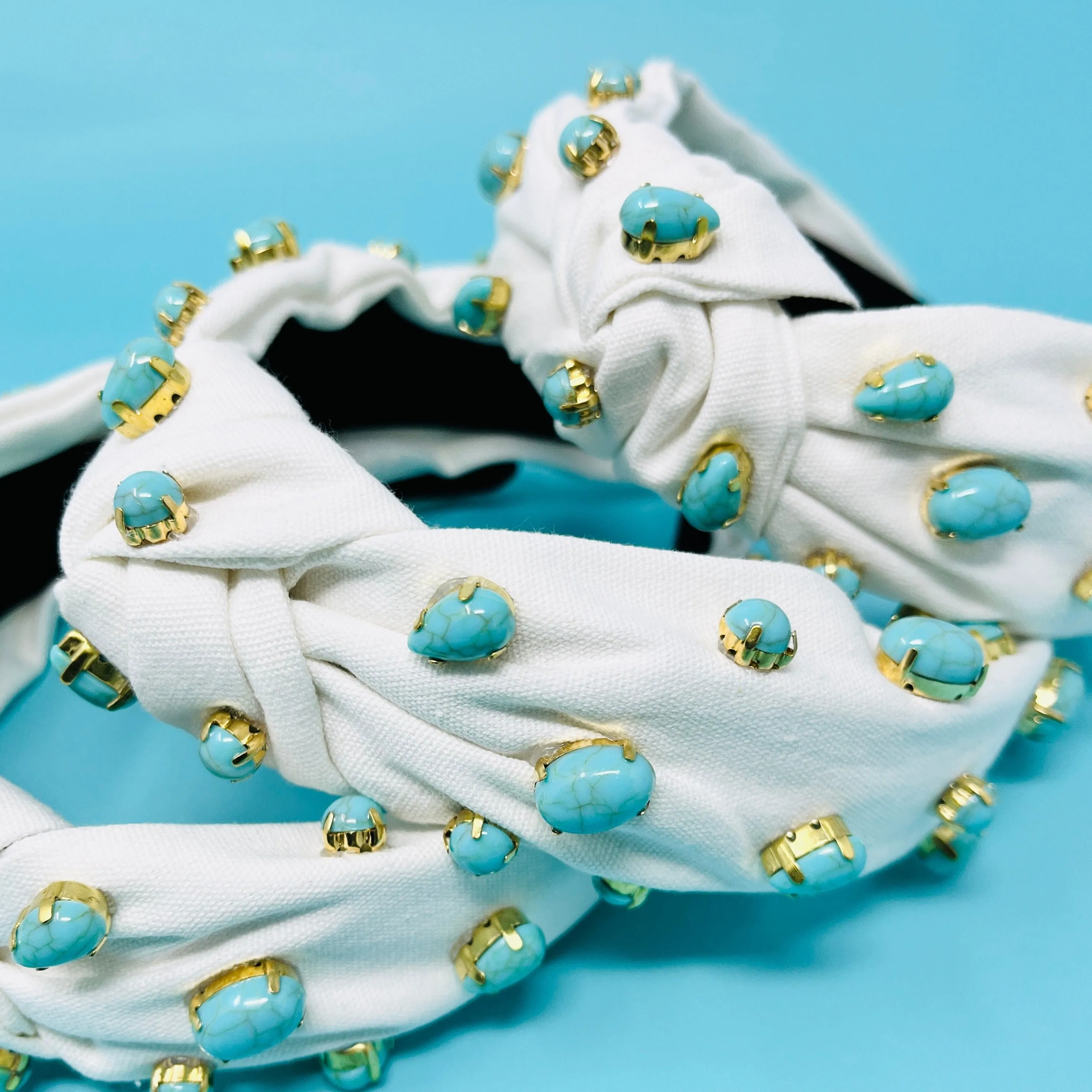 Turquoise Pebble White Knot Jeweled Headband