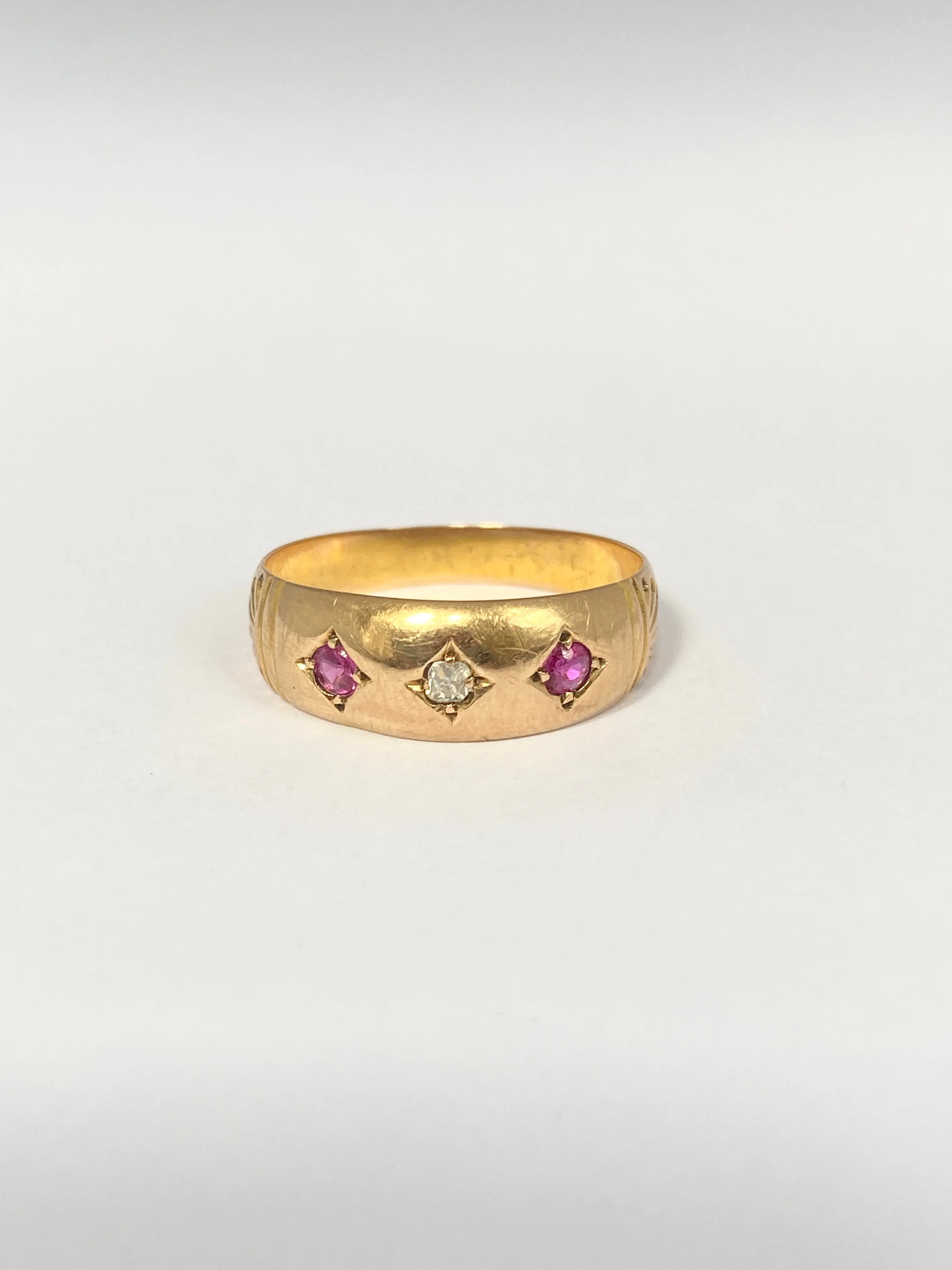 Victorian, 18ct Gold Ruby and Cushion Cut Diamond Gypsy Ring, Hallmarked Chester, 1899