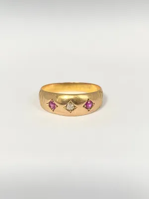 Victorian, 18ct Gold Ruby and Cushion Cut Diamond Gypsy Ring, Hallmarked Chester, 1899