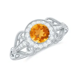 Vintage Citrine Diamond Engagement Ring with Beaded Detail