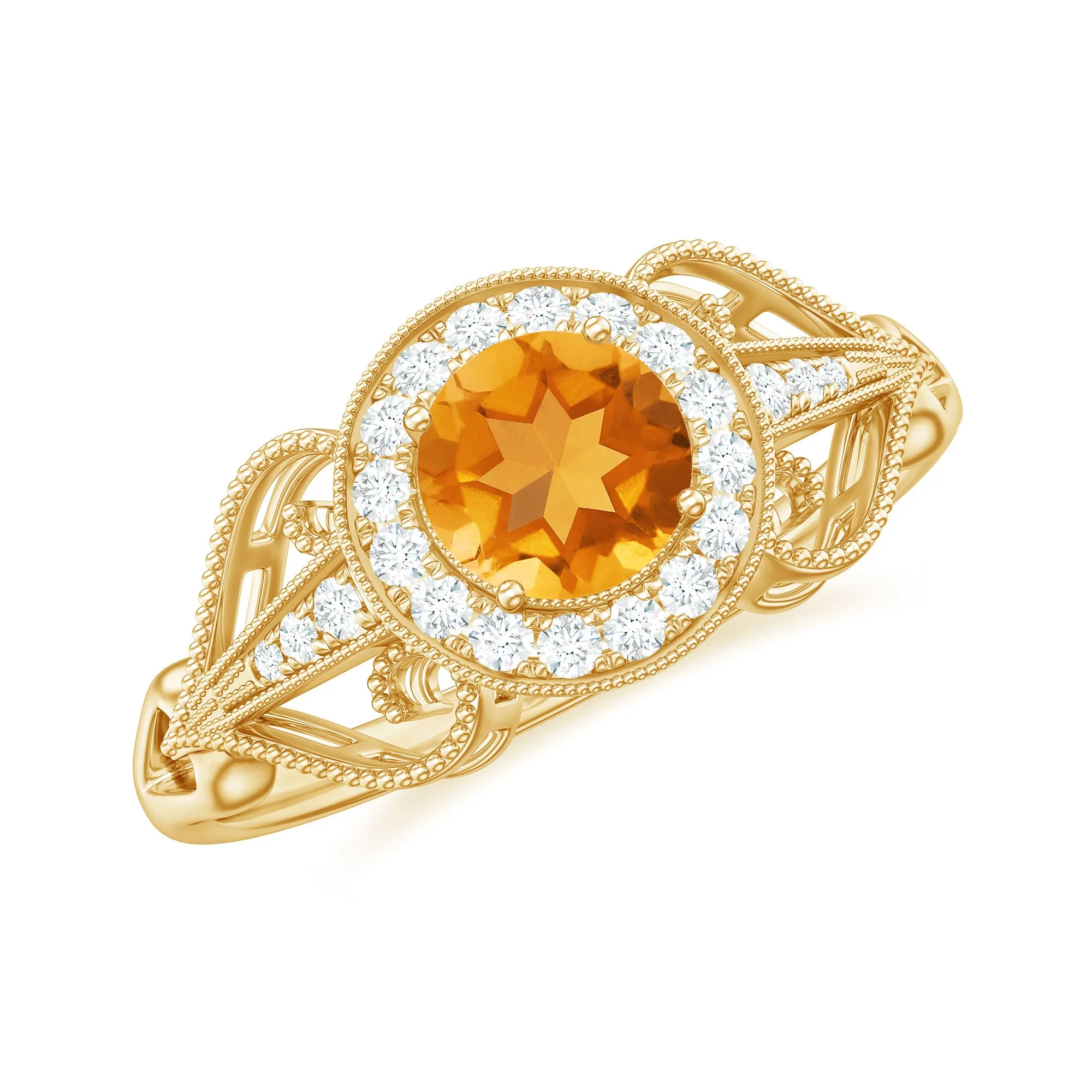 Vintage Citrine Diamond Engagement Ring with Beaded Detail